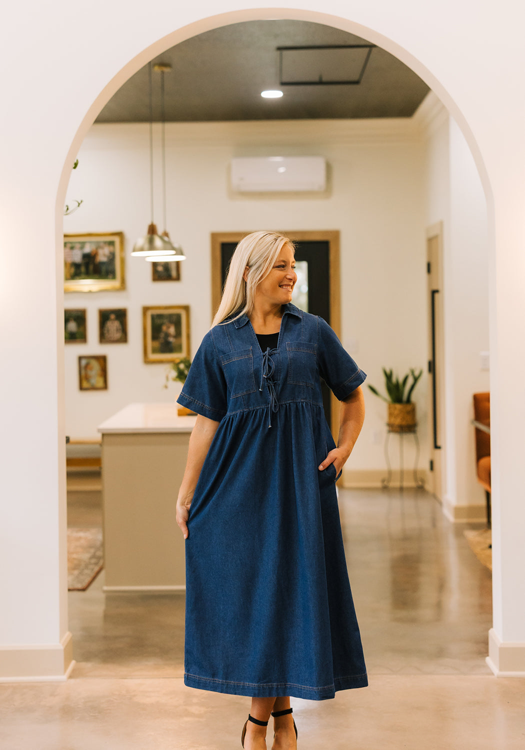 denim & company dresses 'Salie' Washed Babydoll Midi Dress Women's Butter Yellow Asymmetric maxis long sleeve US Size:4