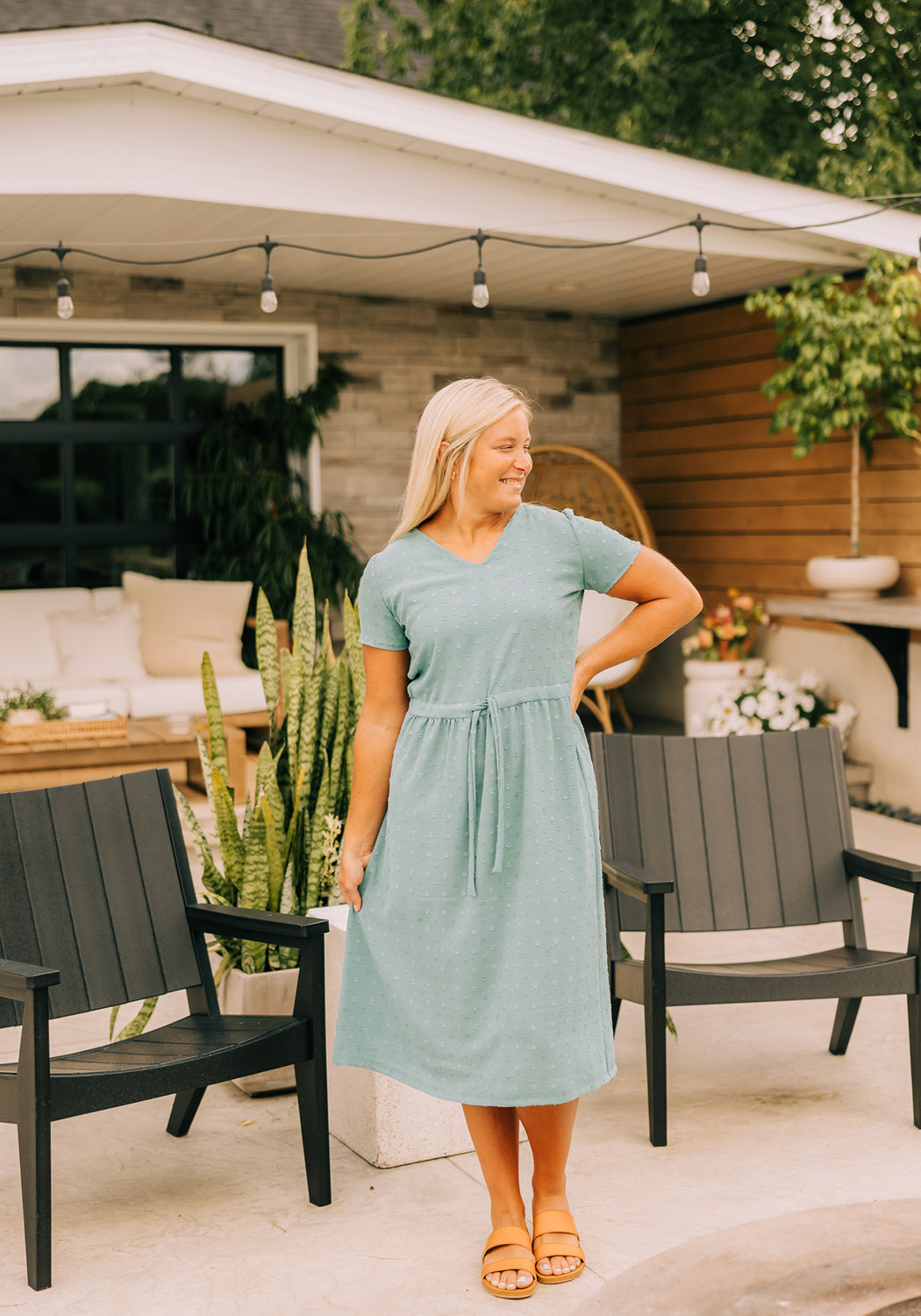 knee length dresses for ladies Abbi' Cinched Waist Midi Dress – Grace and Joy Company