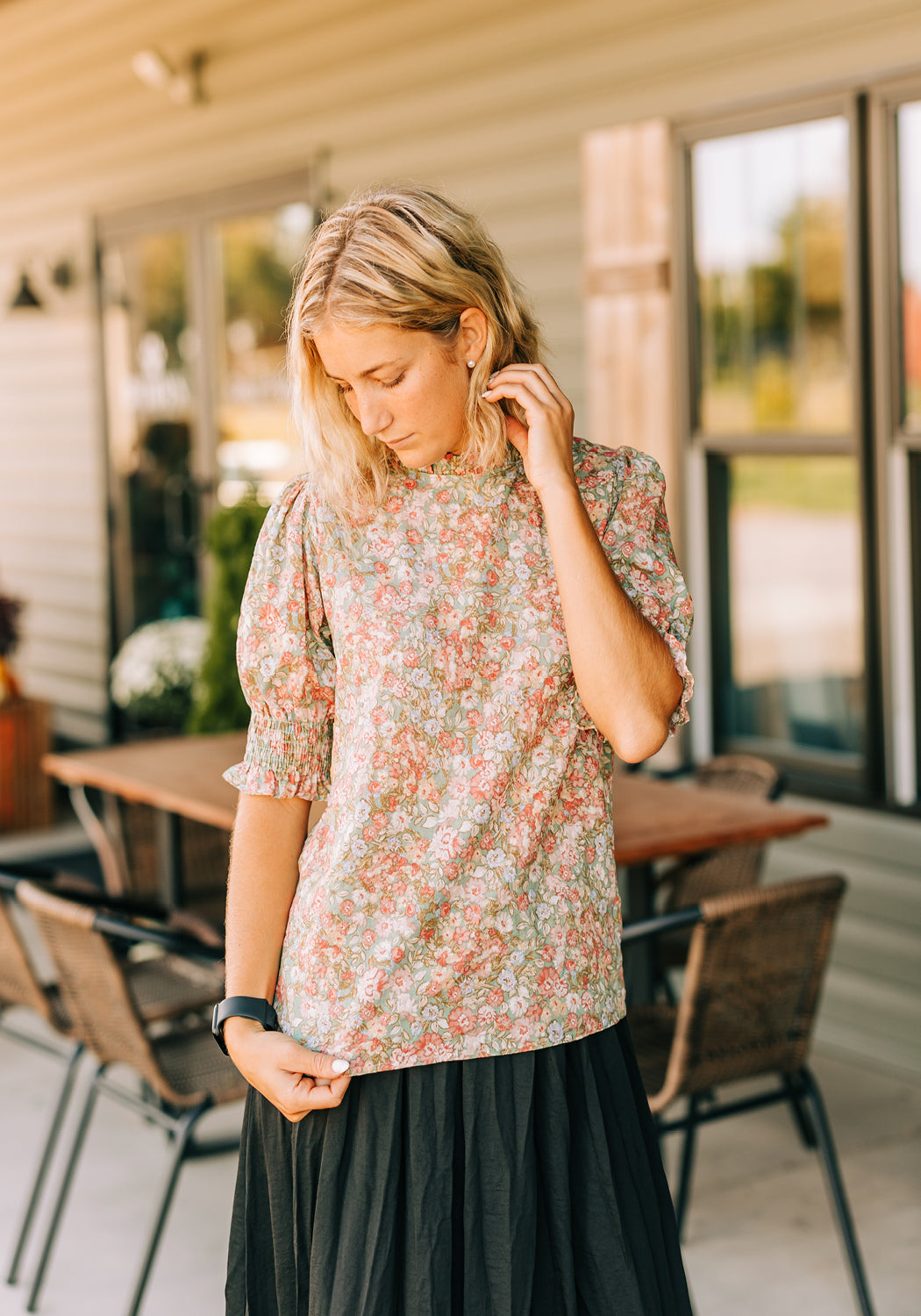 'Andie' Floral Printed Top with Ruffled Neck