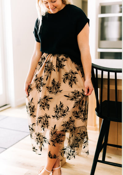 'Apricot' Floral Leaves Embroidered High Waist Maxi Skirt