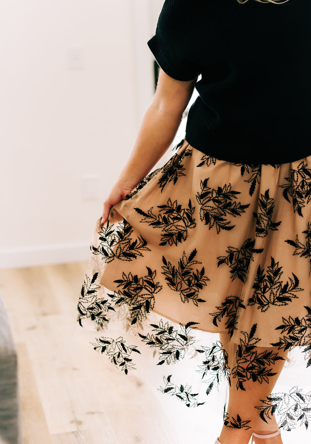 'Apricot' Floral Leaves Embroidered High Waist Maxi Skirt