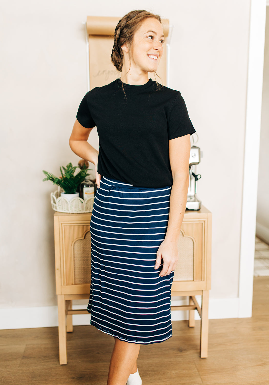 'Camila' Navy Stripe Knit Midi Skirt
