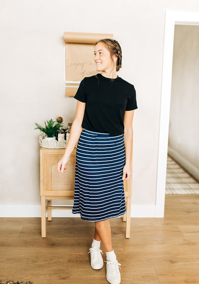 'Camila' Navy Stripe Knit Midi Skirt