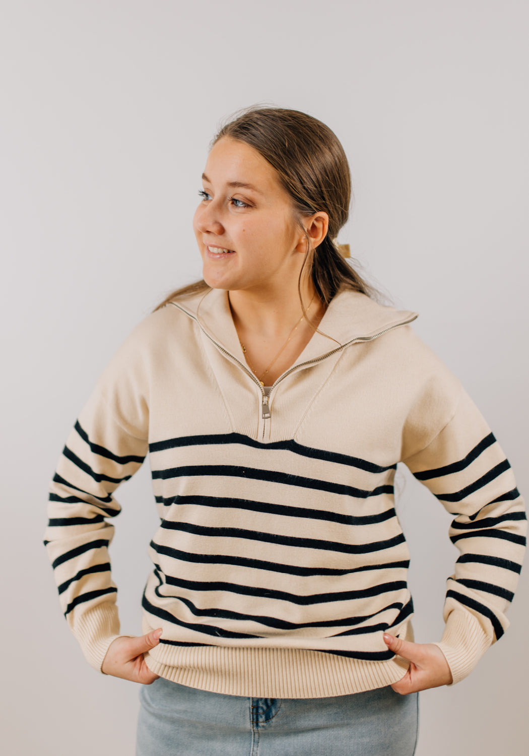 'Caroline' Striped Quarter Zip Sweater