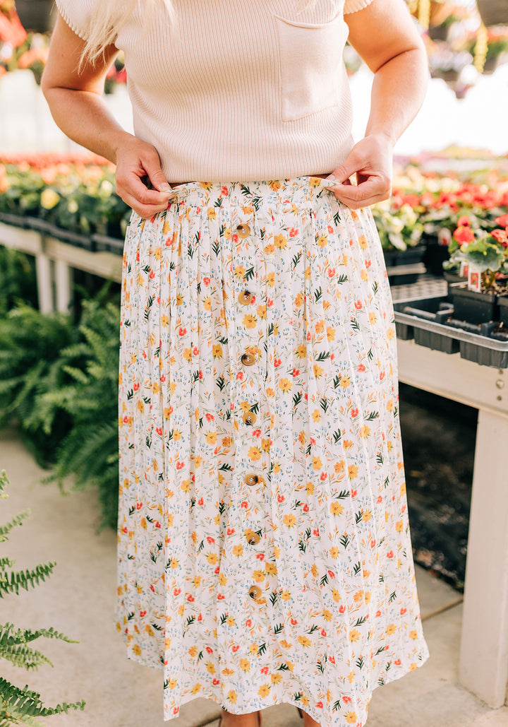 Charlotte' Floral Print Pleated Button Front Midi Skirt