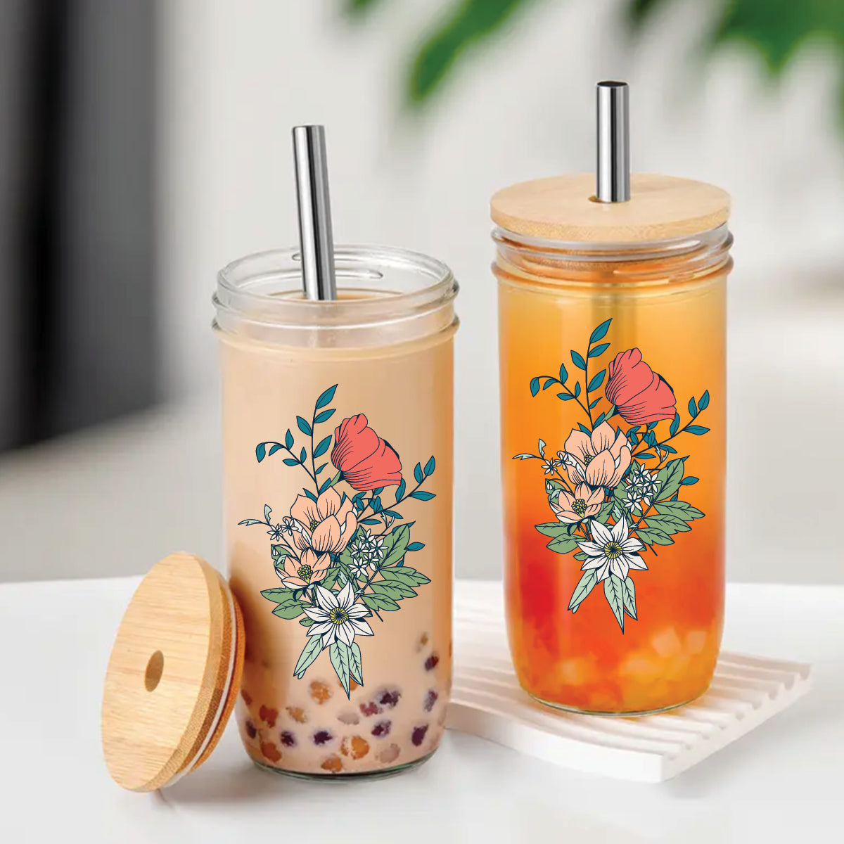 Color Flower Glass Tumbler + Lid