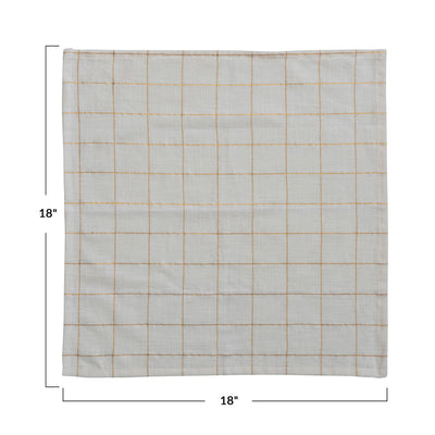 Cotton Napkins w/ Grid Pattern & Metallic Gold Thread