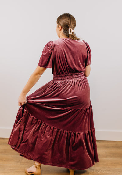 'Delilah' Maxi Velvet Tiered Dress in Rose | Final Sale
