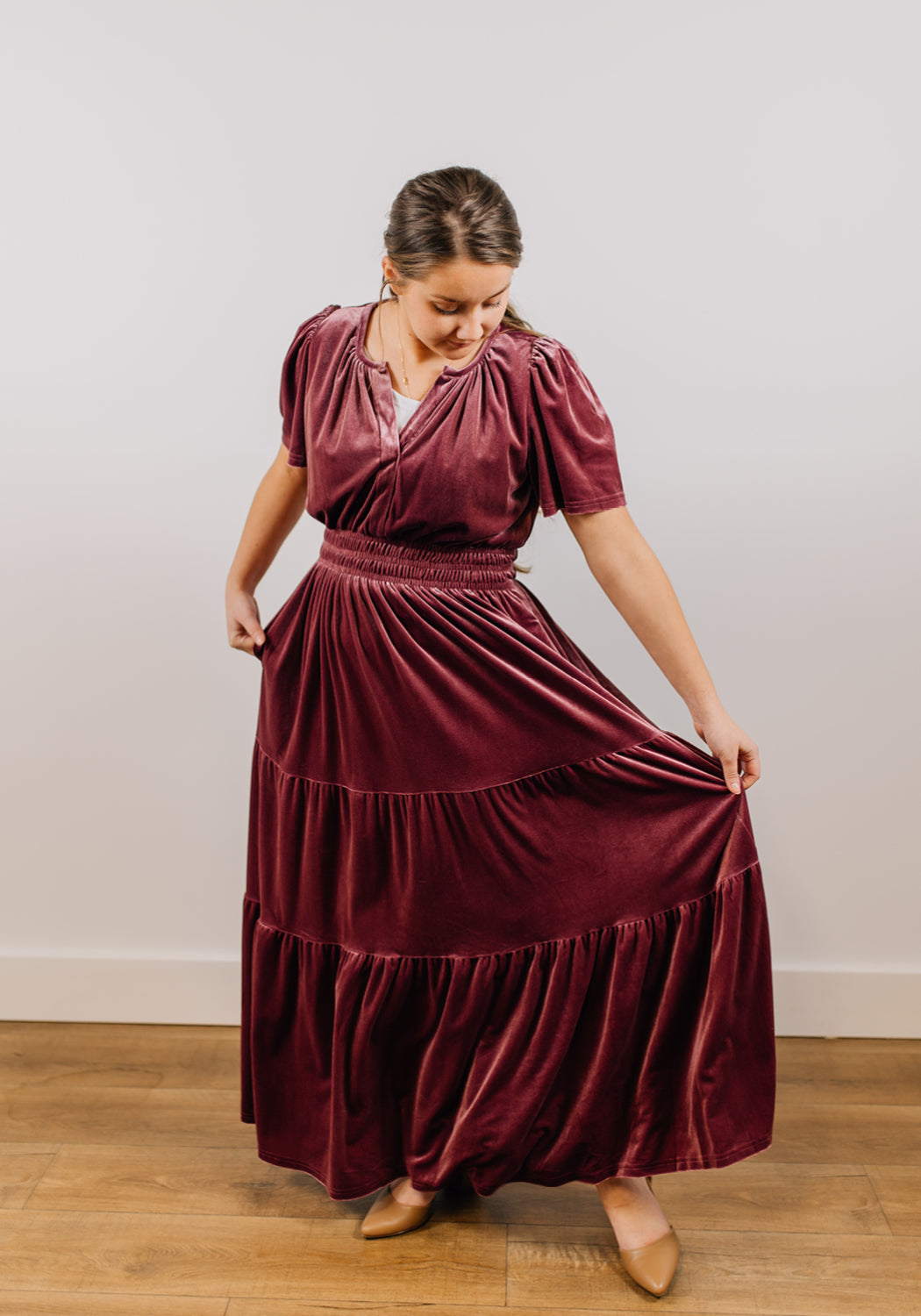 'Delilah' Maxi Velvet Tiered Dress in Rose