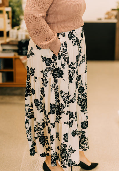 'Elodie' Floral Satin Print Midi Skirt