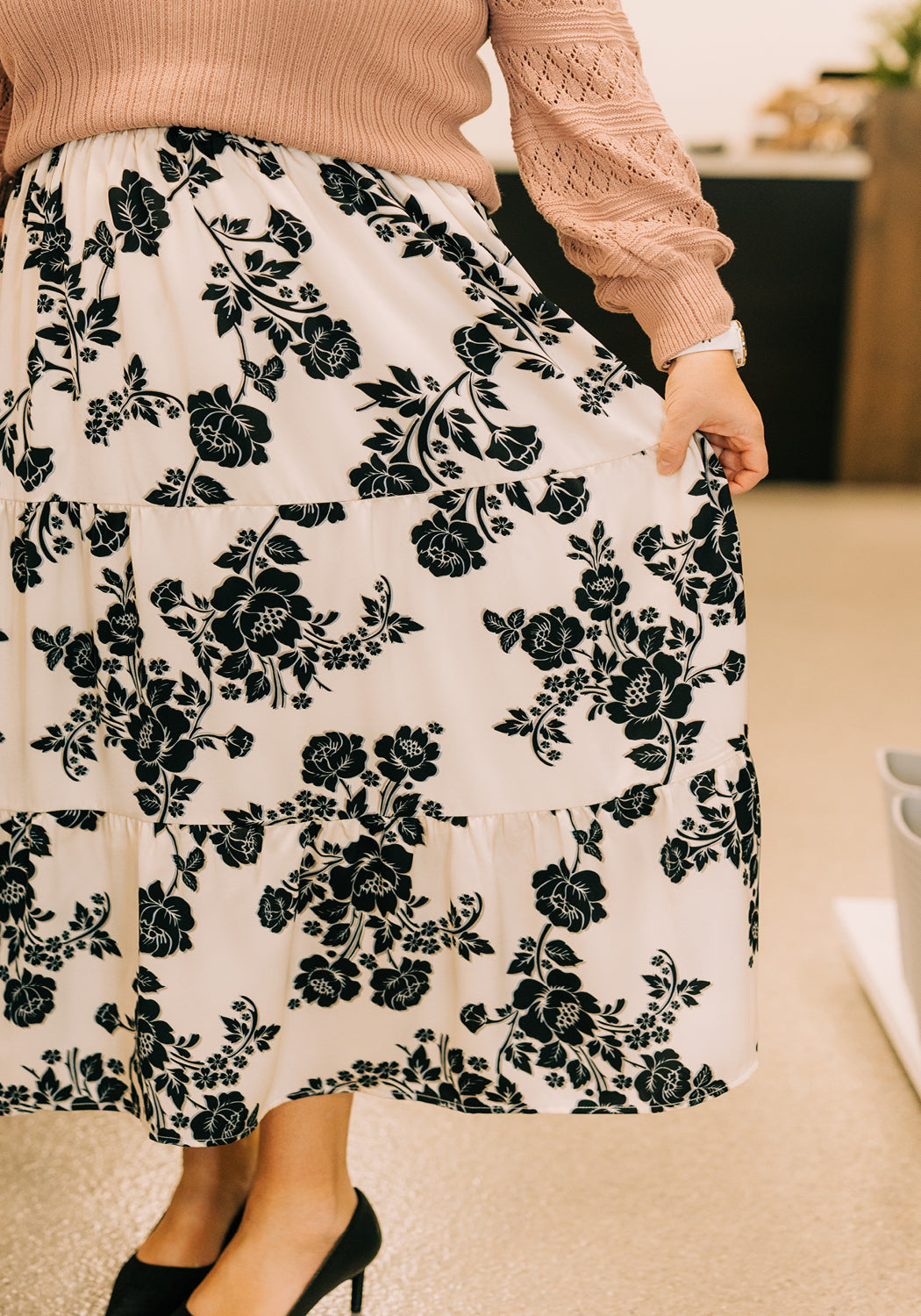 'Elodie' Floral Satin Print Midi Skirt