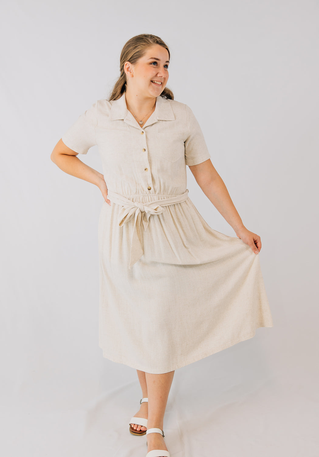 'Hazel' Linen Dress with Pockets and Waist Tie