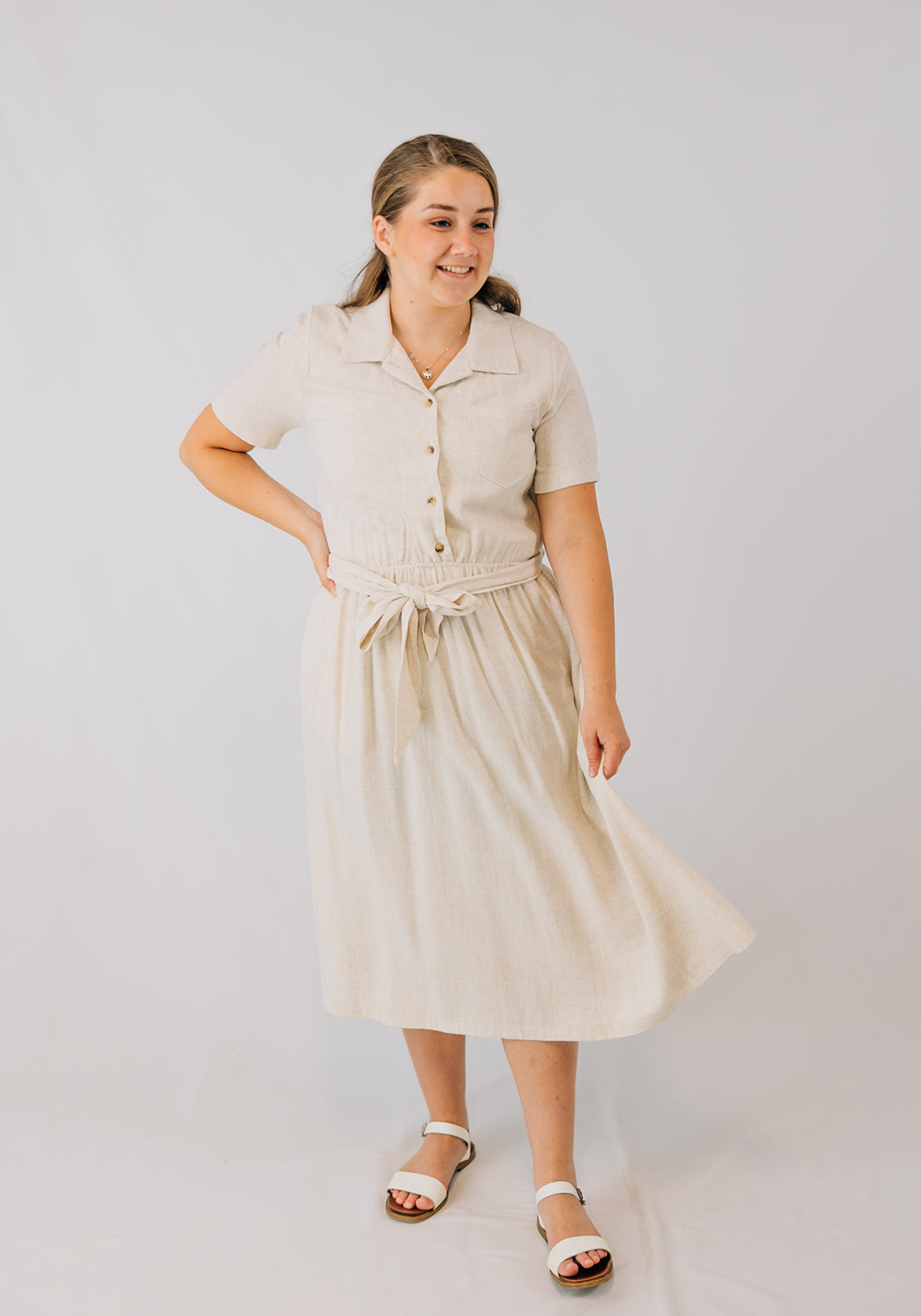 'Hazel' Linen Dress with Pockets and Waist Tie