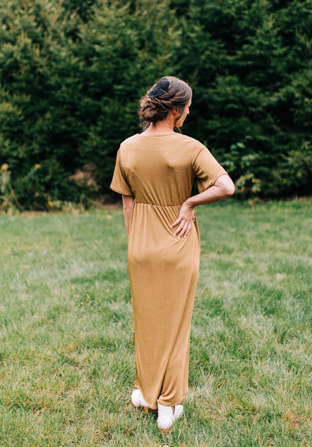 'Iris' Gold Flutter Sleeve Maxi Dress