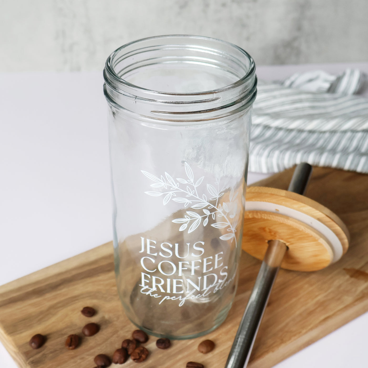 Jesus, Coffee and Friends Floral Glass Tumbler + Acacia Lid