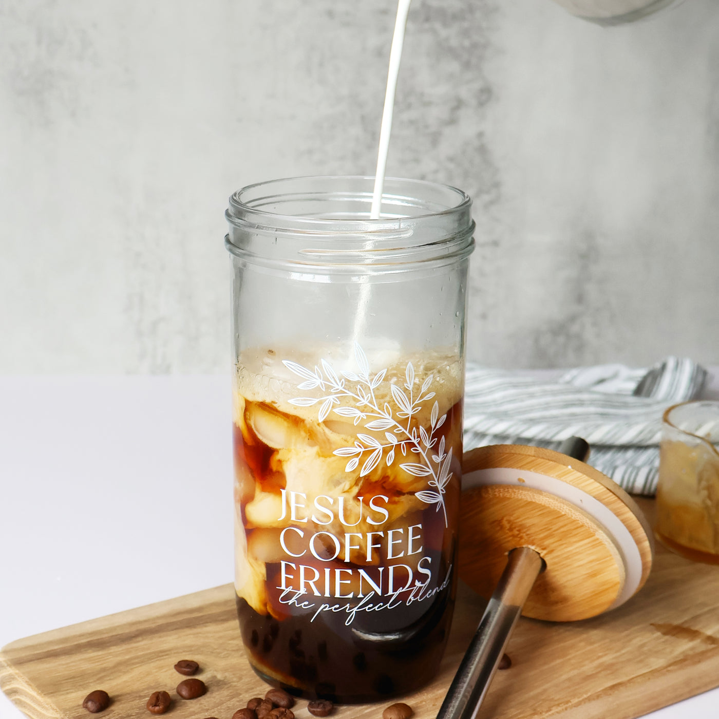 Jesus, Coffee and Friends Floral Glass Tumbler + Acacia Lid - Preorder