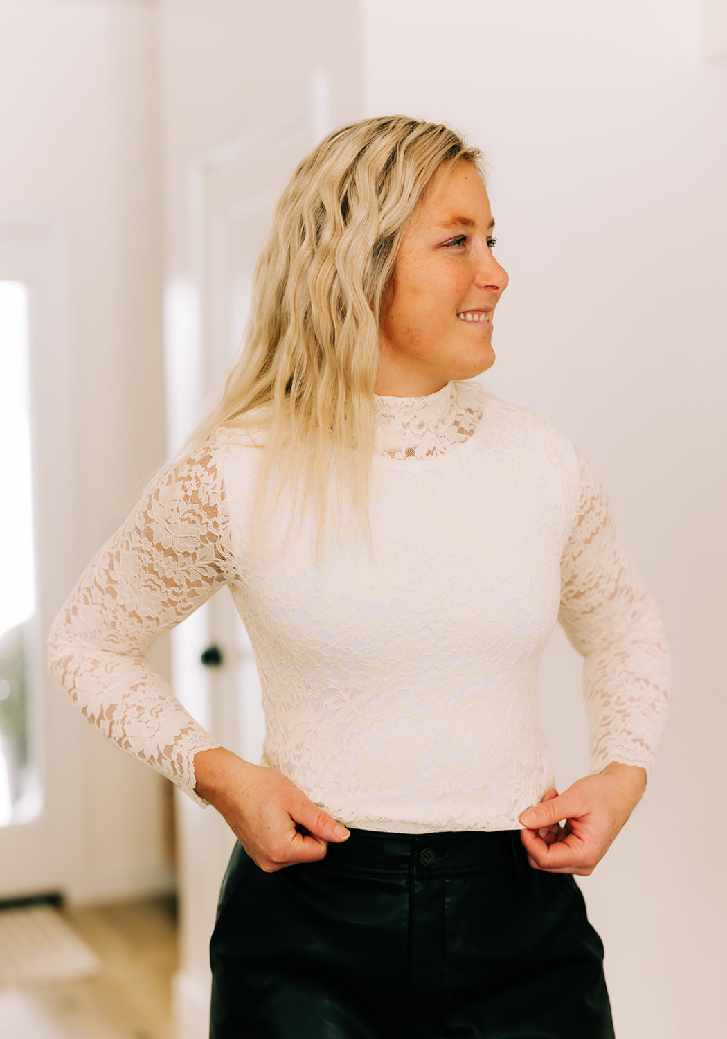 'Lena' Stretch Lace Mock Neck Fitted Top