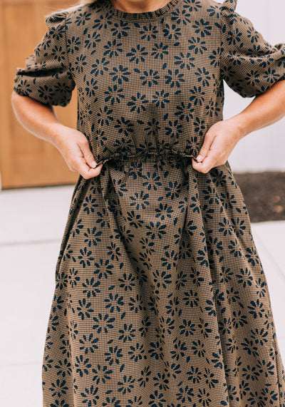 'Mae' Gingham Floral Puff Sleeve Midi Dress | Final Sale