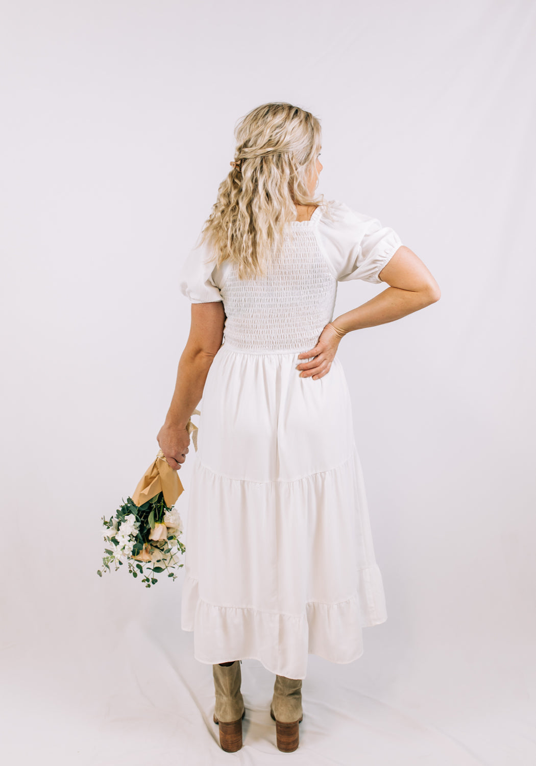 'Magnolia' Puff Sleeve Embroidered Square Neck Midi Dress