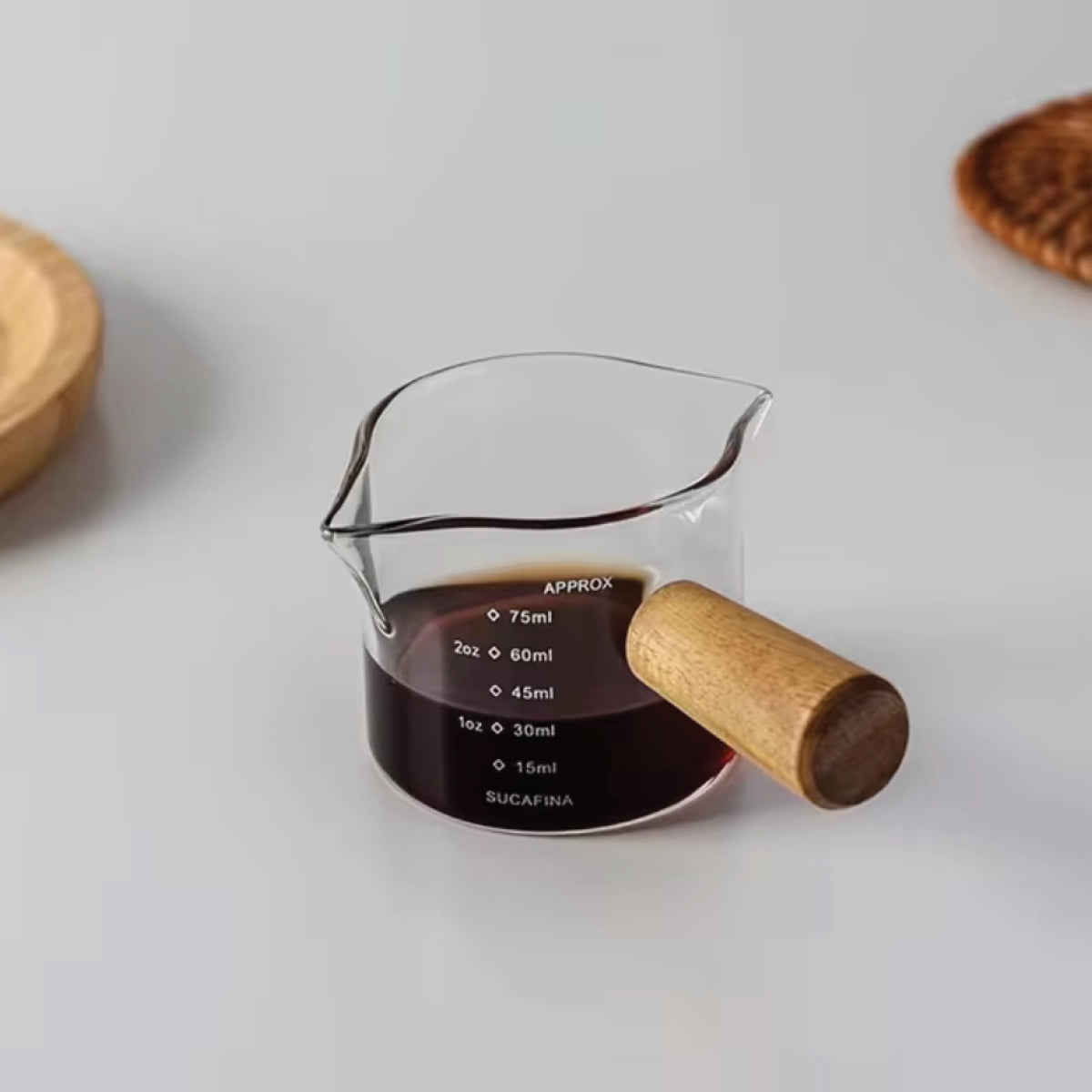 Mini Wooden Handle Glass Measuring Cup