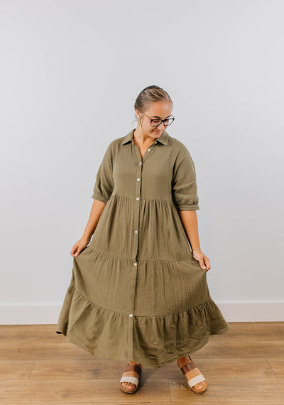 'Molly' Button Down Tiered Cotton Midi Dress