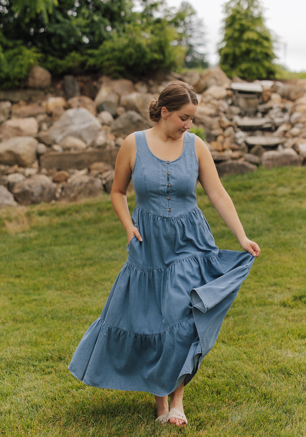 denim church dresses Polly' Tiered Midi Dress – Grace and Joy Company SIZE:1S-4M-3L adding a sporty accent Nefeli White Cowl-Neck A-Line M-Viscose