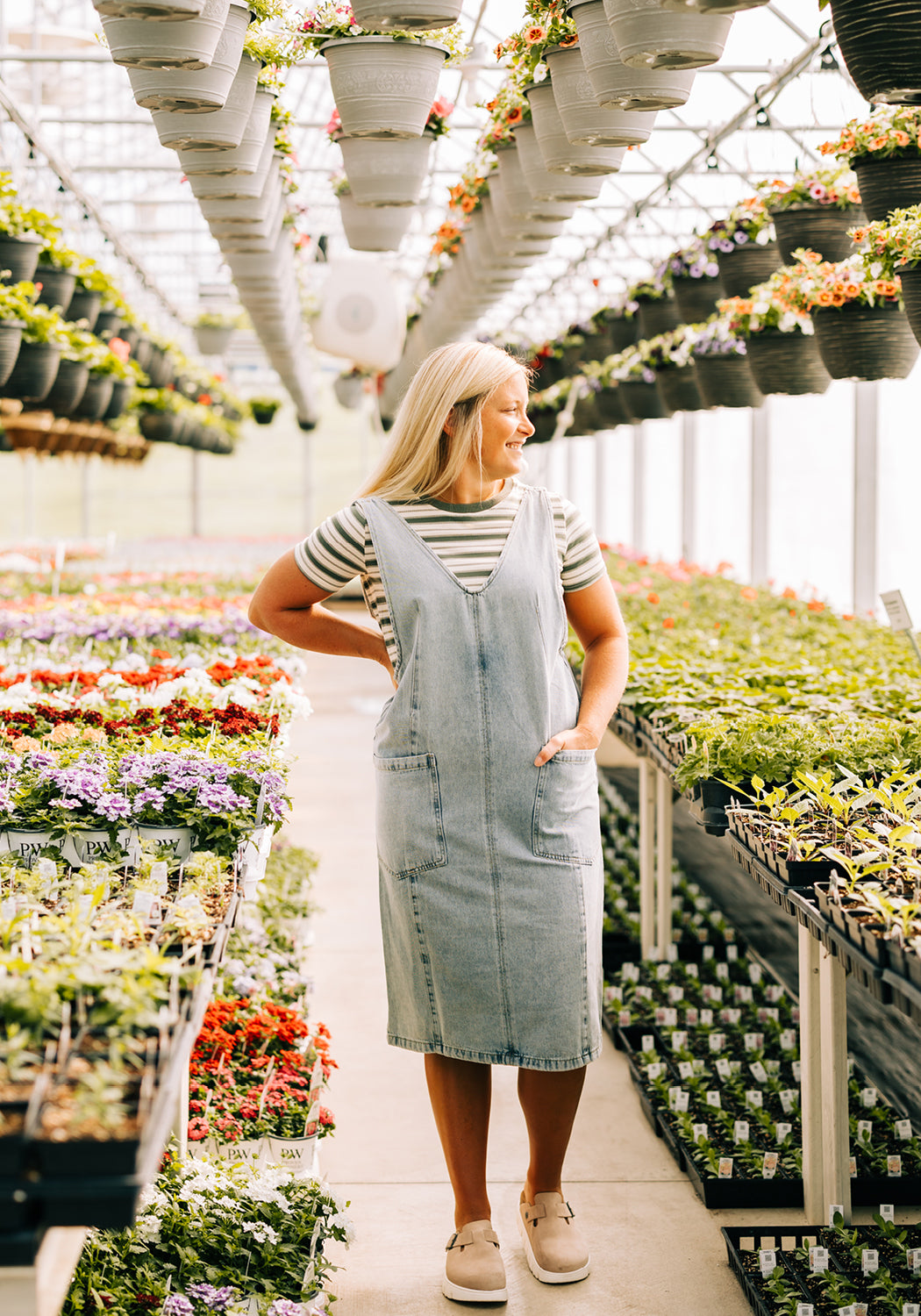 'Posey' Denim V-neck Overall Midi Dress