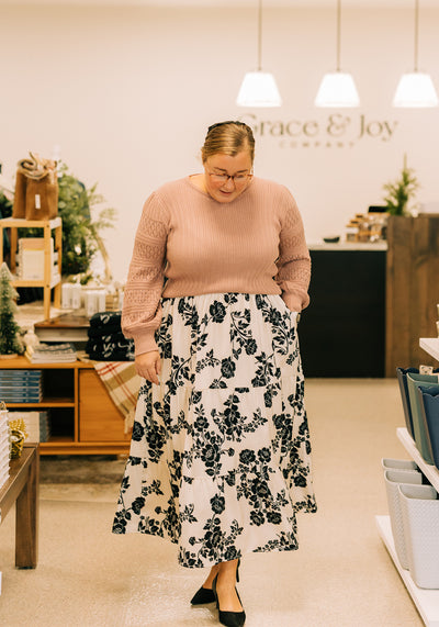 'Elodie' Floral Satin Print Midi Skirt