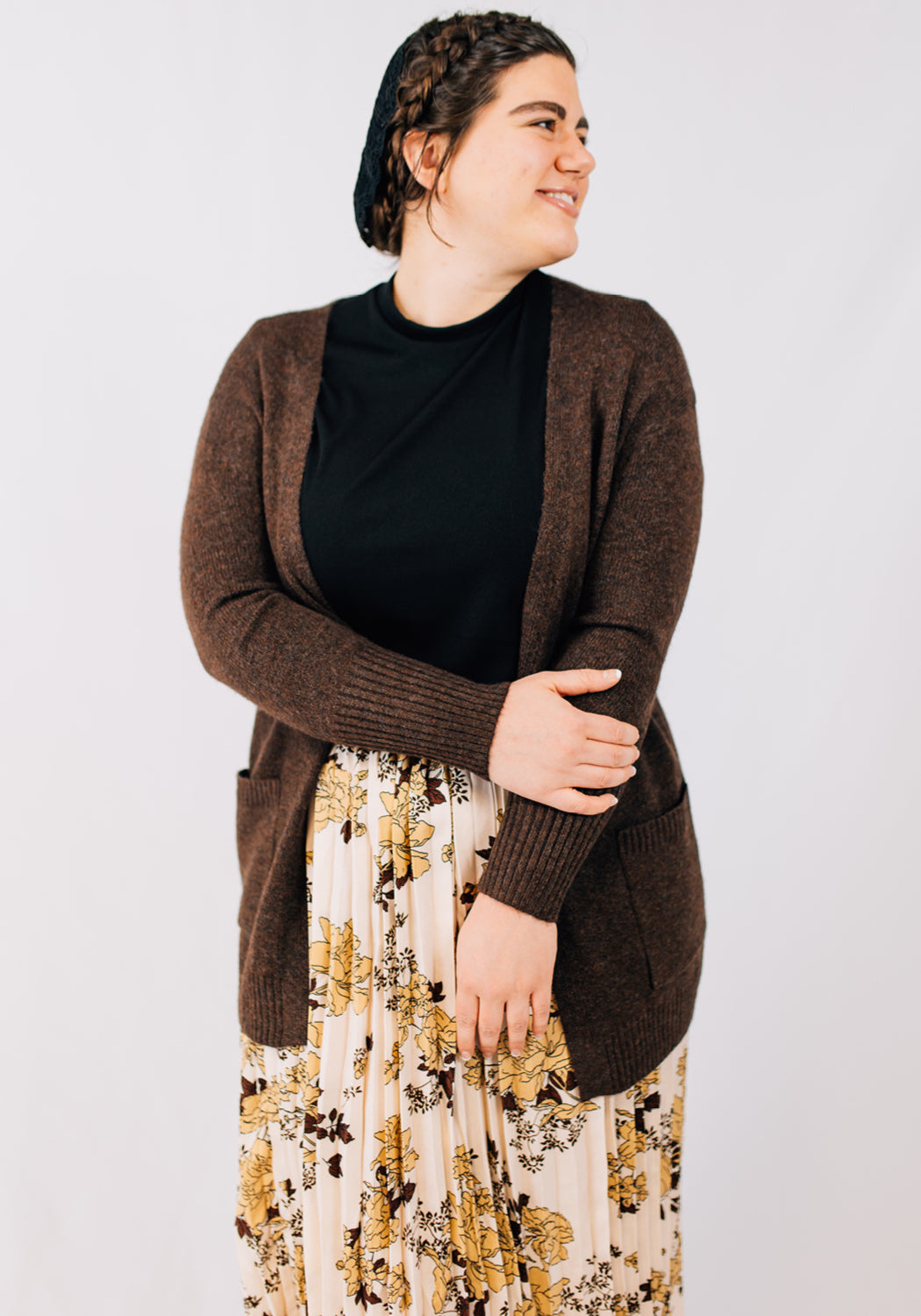 'Ruby' Open Front Cardigan in Brown