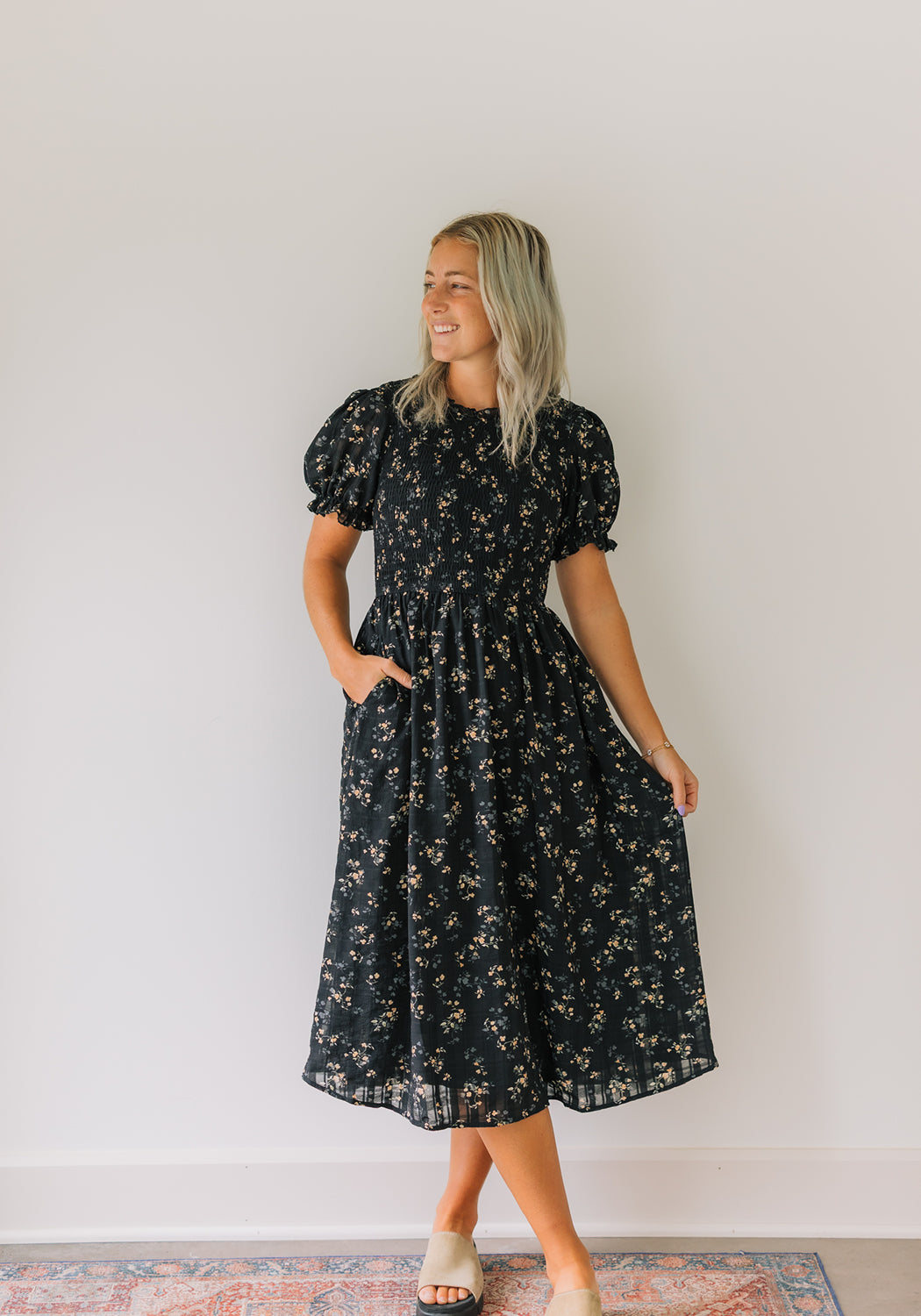 knee length dresses for ladies Feminine Dark Sage Green Ditsy Floral Midi Dress – Shop the Mint main image 1