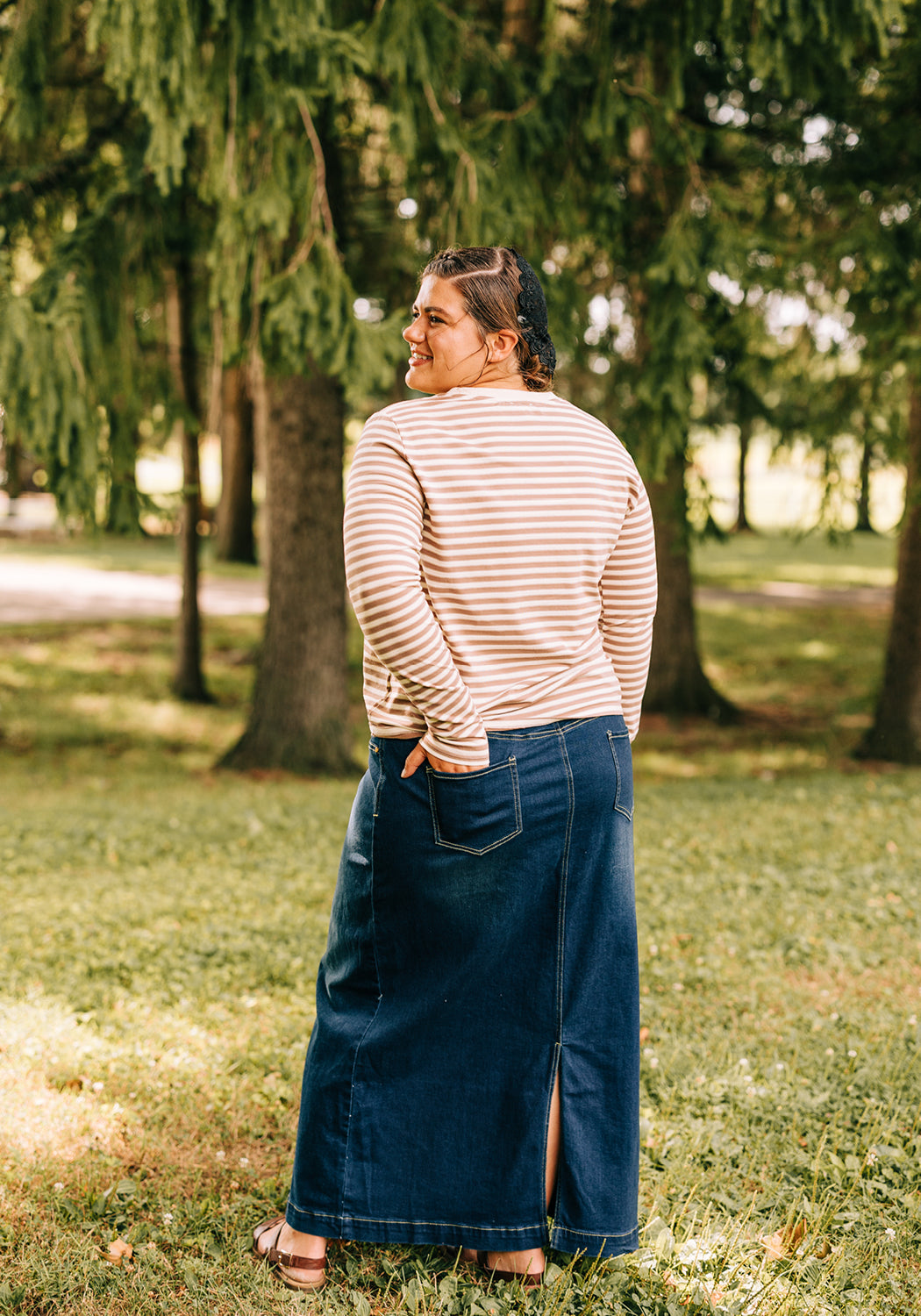 'Sara' Classic Long Denim Skirt in Dark Wash