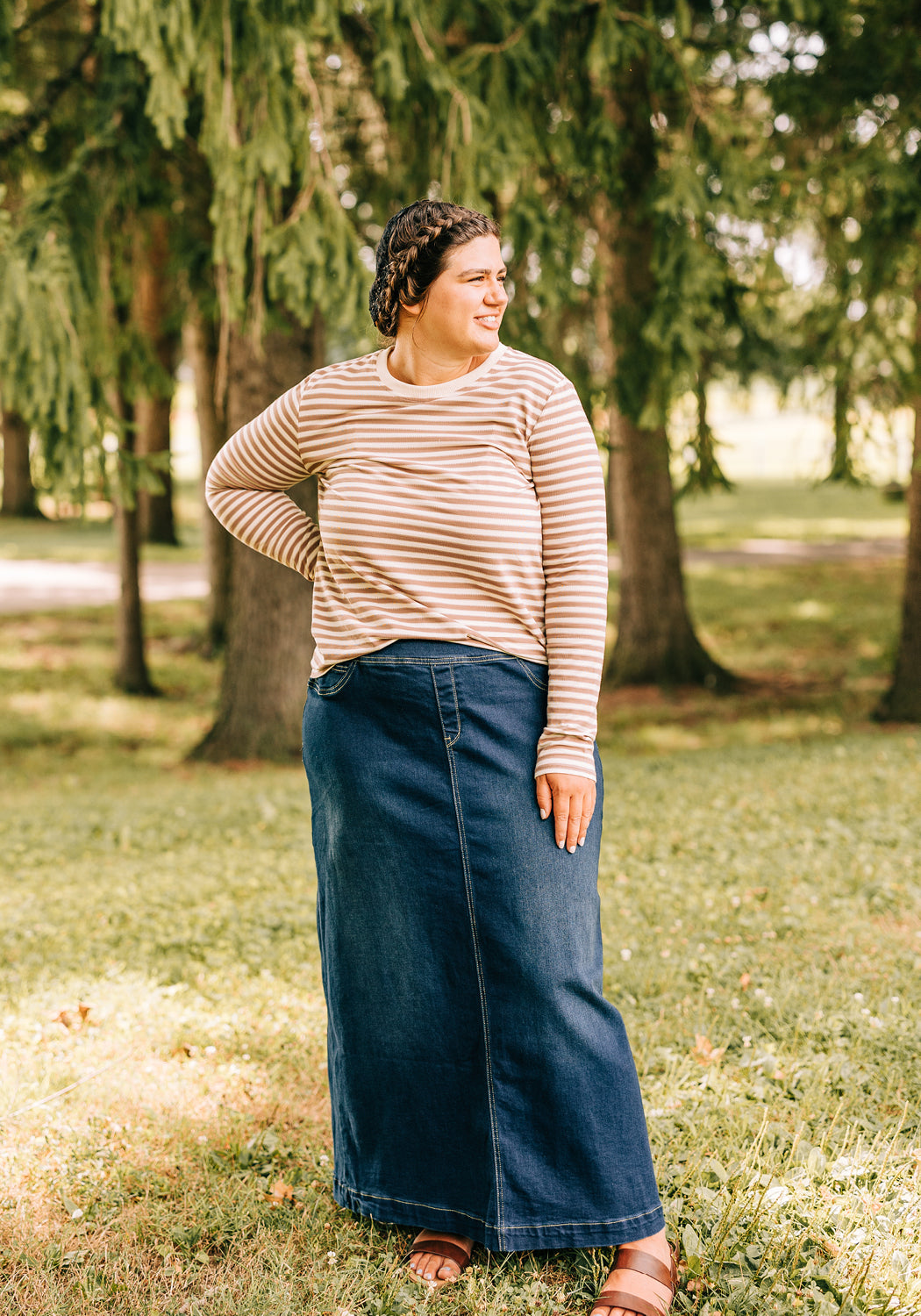 'Sara' Classic Long Denim Skirt in Dark Wash