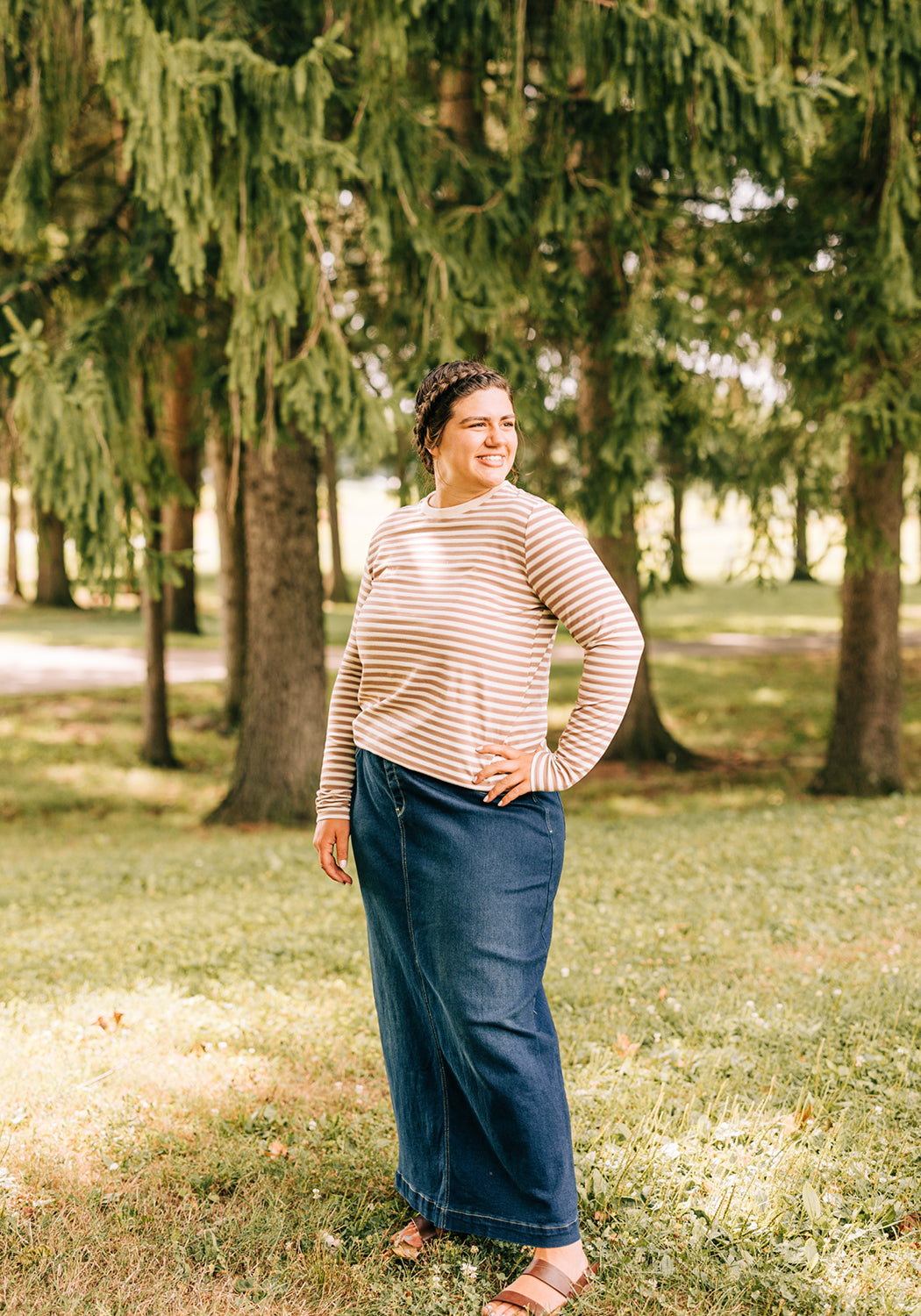 'Sara' Classic Long Denim Skirt in Dark Wash