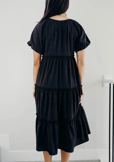'Serena' Tiered Midi Dress in Black