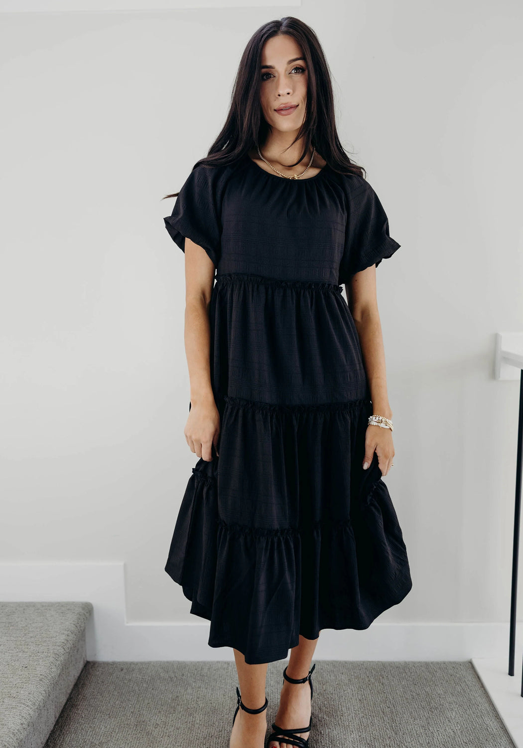 'Serena' Tiered Midi Dress in Black