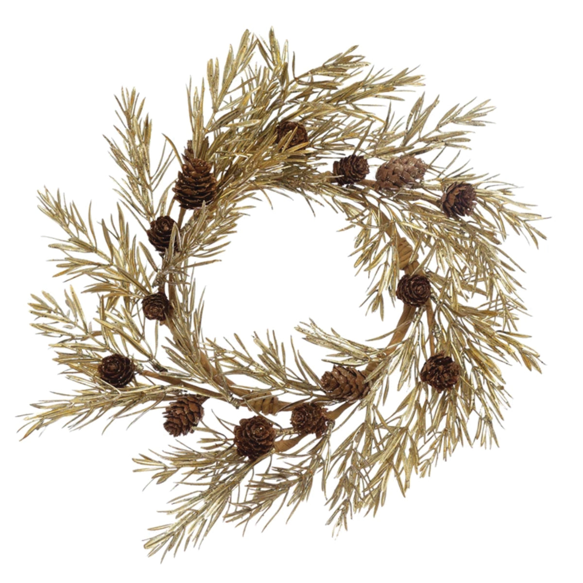 16" Round Faux Pine Wreath with Pinecones and Gold Finish