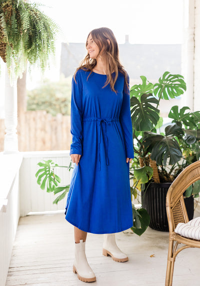 'Rae' Round Neck Solid Long Sleeve Dress in Royal Blue